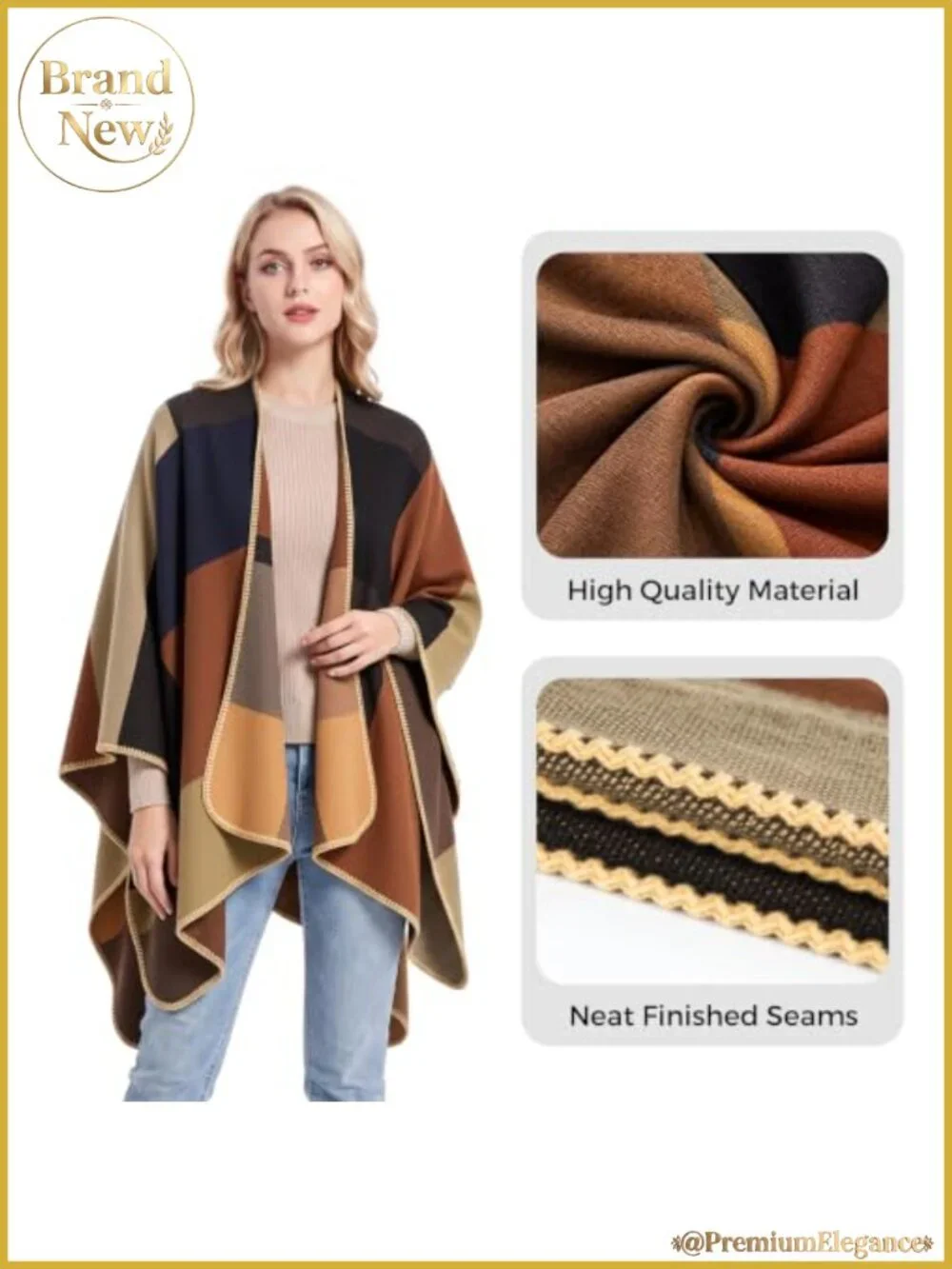 Plaid Shawl Wrap Open Front Poncho Cape Knitted Sweater Scarf Women One Size